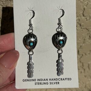 Navajo Handcrafted Sterling Silver Feathers Bear Claw & Turquoise Earrings